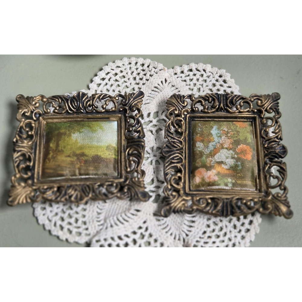 Vintage Hong Kong Mini Floral Frames Pair Ornate Gold Tone Wall Decor
